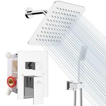 SunCleanse 레인폴 샤워 시스템 브러시드 니켈 천장 장착형 콤보 세트 고압 12인치 정사각형 레인 헤드 휴대용 및 꼭지 러프인 믹서 밸브 트림, A-8