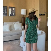 여름 그린 도트 쉬폰 브이넥 셔링 플라워 러블리 플레어 원피스