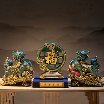 기린 장식품 풍수 엔틱 기린상 창립기념일선물 해치상, 26x15x28블루기린 + 골드 호리병