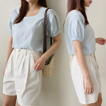 여성 여름 반팔 체크 스퀘어넥 블라우스