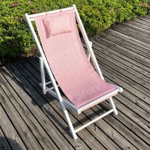 프로빌 야외 접이식 썬베드 화이트 패브릭 수영장 비치 썬배드 각도 조절 나무 베게 의자, 화이트 프레임 + 핑크 작은 스트립 베개