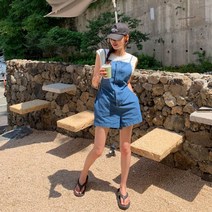 클로슈W / 데님 끈 숏 점프수트