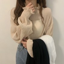 하이넥 주름 쉬폰 블라우스