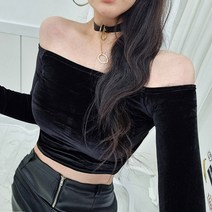 (4color)벨벳 긴팔 오프숄더크롭티셔츠