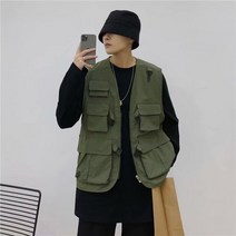 조끼 터리 서바이벌 전술 멀티 ins 기능성 트렌치코트 베스트 남일계 가을 트렌드 힙합 나시 오버사이즈 코트, 밀리터리그린, 3XL