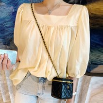 스퀘어넥 블라우스 셔링 퍼프 브라우스