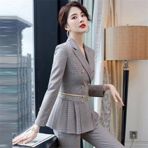 꽃소담 여성 체크 슬림핏 정장 투피스 세트