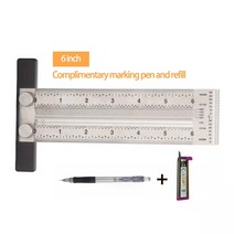 스테인레스 고정밀 목공 T 형 스케일 구멍 눈금자 스크라이브 드로잉 마크 라인 측정 도구 게이지 목수 DI, 02 6 inch with pen
