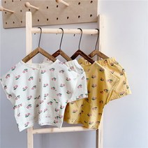 돌 아기 유아동 키즈 여자 아이 자매룩 둥이룩 여름 캐주얼 데일리 바캉스 피서룩 흰색 노란색 린넨 마 체리 프린팅 민소매 반팔 고무줄 반바지 상하 세트 오늘 출발