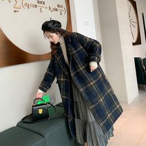 배색 체크 더블 모직 코트 누빔안감 박스핏 롱코트