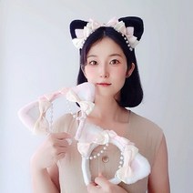 고양이 진주 리본 귀 머리띠 헤어밴드 동물원 놀이동산 롯데월드 할로윈 사진 인생네컷 핑크, 화이트