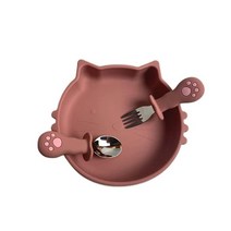 스테인리스 포크 스푼이 있는 아기 접시 귀여운 만화 고양이 실리콘 흡착 음식 식기 BPA 프리 미끄럼 이유식 수유 접시 (그레이), Pink