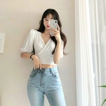 래피의류 여성 셔링크롭티셔츠 여성브이넥반팔 꼬임티
