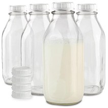 Stock Your Home Liter 뚜껑이 있는 유리 우유 병 (4팩) 946.4ml(32온스) 저그 및 화이트 캡 8개 냉장고 주스 귀리 또는 식물성 우유 물 꿀용, 2, 32 oz
