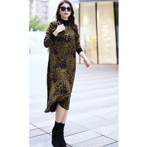 여성 레오파드 롱 원피스 가을 겨울 긴팔 하프 하이 칼라 컬러 매칭 패턴 루즈