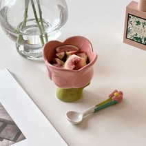 로맨틱 튤립 아포가토컵+꽃 도자기 티스푼세트 요거트컵 아이스크림볼 세라믹 플라워컵 디저트보울, 핑크세트