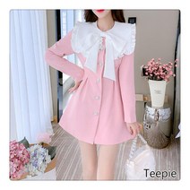 티피/Teepie 여성 패션 리본 미니 원피스 긴팔 슬림 플리츠 원피스