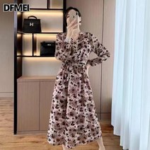DFMEI 빅사이즈 여성 통통 가을 프렌치 플라워 원피스 조임 스트랩 가볍고 럭셔리한 이너 롱 스커트