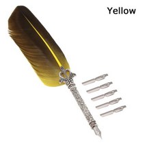 금속 깃털 만년필 5 개 펜촉 고급 잉크 펜 서명 펜 문구 쓰기 도구 학습 사무실 공급, Yellow, Yellow