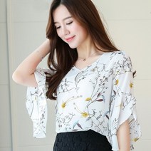 블라우스 v넥 플레어 여성용 꽃 프린트 셔츠 여름 여성 패션 상의 쉬폰 팜므