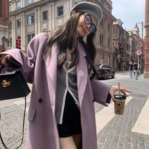 나인포시즌 슈드 여성 루즈핏 연보라 보라색 핸드메이드 울 숄카라 롱코트 울코트 피코트