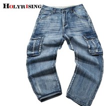 남자와이드청바지 빅사이즈청바지Holyrising-멀티 포켓 카고 청바지 남성용 캐주얼 코튼 데님 바지 새로