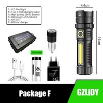 고휘도 손전등 led 써치라이트 휴대용 XHP70.2 LED USB 충전식 COB 토치 방수 줌 랜턴 전원 디스플레이 슈퍼 브라이트 26650 라이트 강력 플래시라이트, 패키지 F_4코어 XHP70.2 | 줌