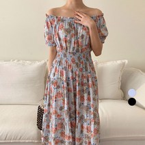(무배)썸머 여리 오프숄더 플라워 나염 쉬폰 반팔 롱 원피스4