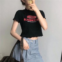 실버캣 여성 빅사이즈 부분 울퉁불퉁 레드 레터링 포인트 캐주얼 펑키 스타일 반팔 티셔츠
