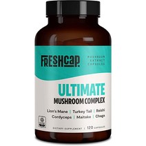 FreshCap Ultimate Mushroom Complex - 사자의 갈기 영지버섯 동충하초 차가버섯 칠면조 꼬리 잎새버섯 보충제 자실체 필러 없음, [02] 120개(1팩)