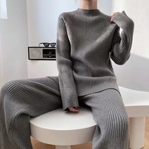 오버테이크니트 코발트블루니트 핫핑크니트 2022 스웨터 정장 여성 우아한 솔리드 o-넥 풀오버 + 와이드 레그 바지 정장 레이디 가을 겨울 소프트 2 피스 세트 homewear