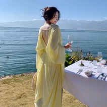 비치원피스 휴양지원피스 산야 여행 사진 비치 스커트 여름 해변 휴가 보헤미안 롱 드레스 프랑스 스타일
