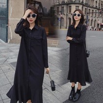 F36603 밑단프릴 카라 앞단추 루즈핏 긴팔 롱원피스