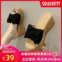 DAPANDA 슬리퍼 여외에 2020년 여름 선녀복 코디 리본 웨지 힐 통굽 일자 슬리퍼 여신