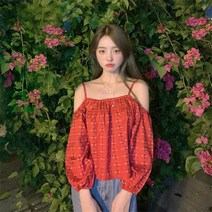 (주)니유컴퍼니 오프숄더 자수 셔링 루즈핏 블라우스