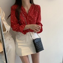 0147 데일리 여성 러블리 하트 패턴 직장인 출근룩 노카라 블라우스 브이넥 셔츠
