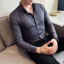 남자정장셔츠 고탄성 긴 소매 남성 스트라이프 드레스 셔츠 클래식 6 가지 색상 실키 포멀 파티/무도회 슬림핏 블라우스 옴므