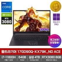 LG 울트라기어 17GD90Q-XX79K_ND ACE [WIN11PRO/RTX3080/i7-11800H/RAM64GB/삼성NVMe4TB/300Hz] 고성능 그래픽 게이밍 노트북, WIN11 Pro DSP, 64GB, 4TB, 코어i7, 퍼플 그레이