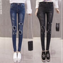 진 누덕 2색상 2534 청 데님 스판 스키니진 스키니 여성의류 청바지