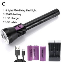 스쿠버다이빙 랜턴 전원 3 * XPH70 LED 스쿠버 다이빙 8000LM 수중 100m 손전등 잠수정 램프 사용 3*26650 배터리, C, 백색광