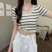 여성 반팔 라운드 크롭 니트티 스트라이프 티셔츠 여름 라운드넥 스몰 숏
