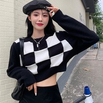 라페나 여성 바둑판 크롭 니트 티
