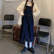 청슈트 데님오버롤 진청 포켓 멜빵 롱 데님 원피스