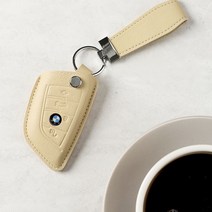 제이케이 [키케이스+스트랩키링] 자동차 스마트 가죽 차 키홀더 키커버 키링, 29.BMW A타입 3버튼, 키케이스+스트랩키링(크림베이지)