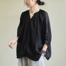 BAISLUN 봄 여름 오버핏 루즈핏 7부 소매 셔링 라운드넥 블라우스