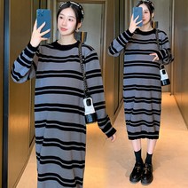 겨울임부복원피스출산 뜨개질 스웨터 간호 드레스 임산부를 위한 가을 겨울 옷 o-넥 스트라이프 의류