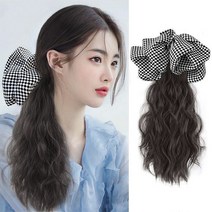 하이유니 체크패턴리본 히피펌 숏 포니테일 35cm 붙임 머리 헤어 여자 여성 부분 피스 가발, 브라운블랙, 1개