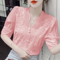 펀칭블라우스 아일렛 레이스 여자 벌룬 자수 브라우스 예쁜 빅사이즈 반팔 셔링 쉬폰 빅카라 셔츠
