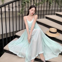 KORELAN 여행복 슈퍼 페어리 비치 스커트 싼야 해변 휴가 사진 민트 그린 드레스는 얇은 멜빵 롱 스커트 여름