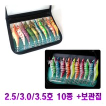 수납케이스+3.5호 에기 세트 10개 왕눈이 쭈꾸미 애기 요즈리 갑오징어 에깅대 보관함 야광 테이프 색동 루어대 봉돌 낚시채비 축광 도료 튜브 스티커 테이프, 3.5호에기10종+보관집